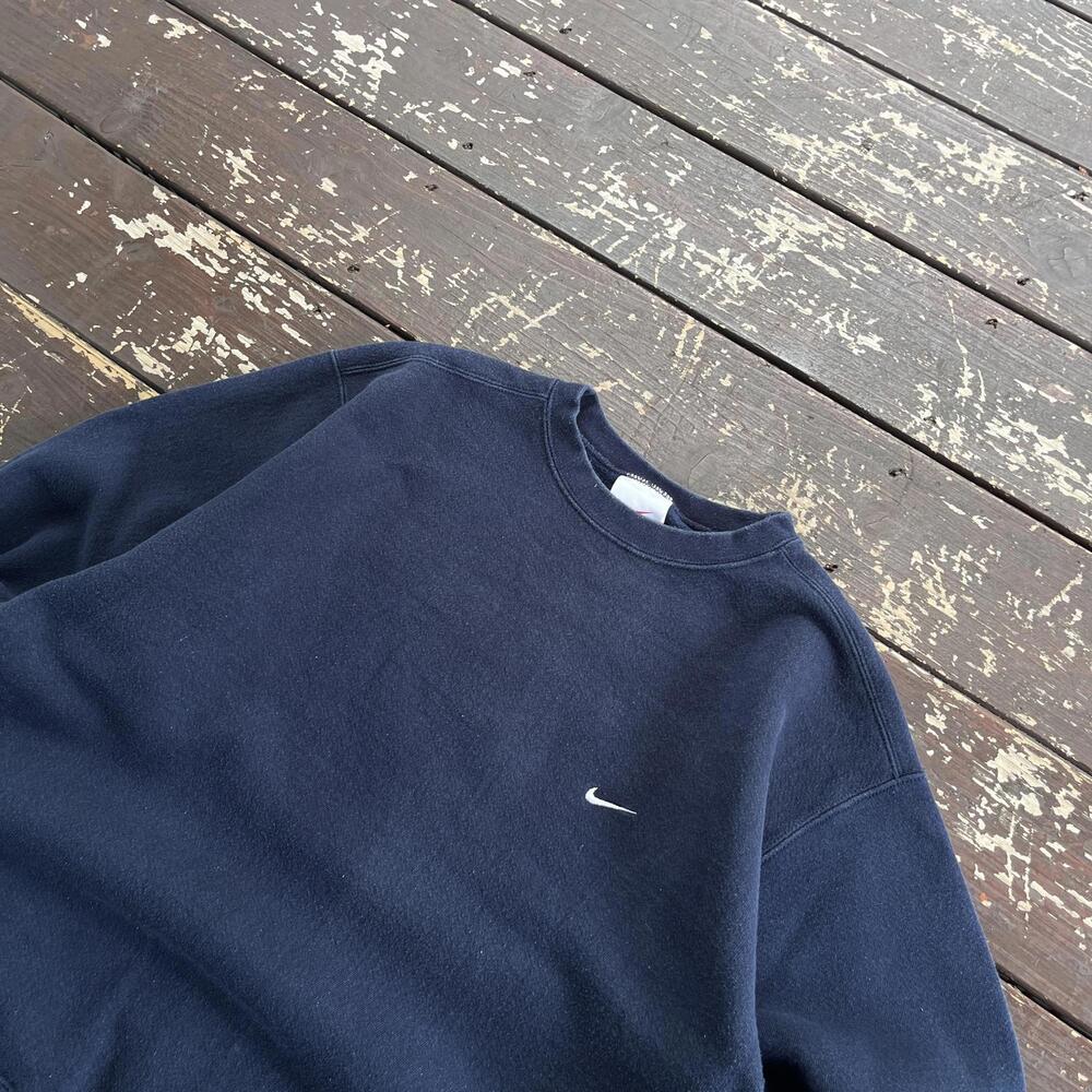 (L) Vintage 90s Y2K Nike Crewneck Sweatshirt Embroidered Swoosh Check Navy Blue